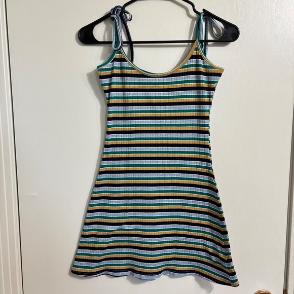 Urban Outfitters Striped Tie Shoulder Ribbed Mini Dress Retro Y2K Multi-Color XS - Picture 2 of 11